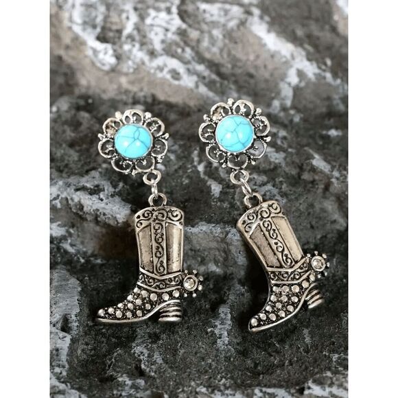 Western Turquoise Diamond Cowboy Boot Dangle Earrings - Picture 4 of 5